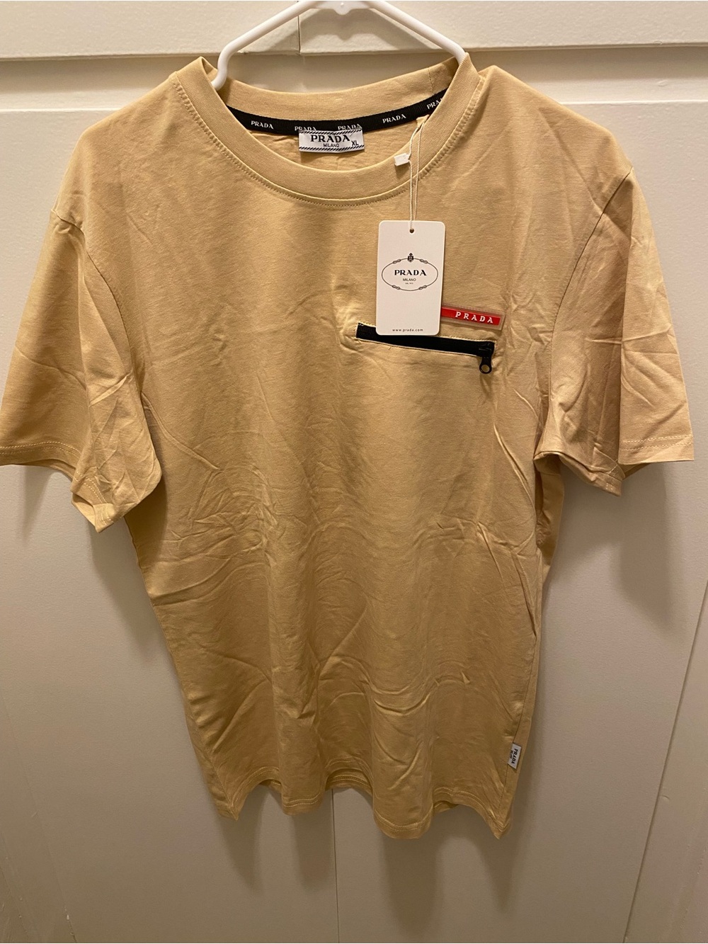 Prada Men's Light Beige Short-Sleeve Tee with Zip Pocket